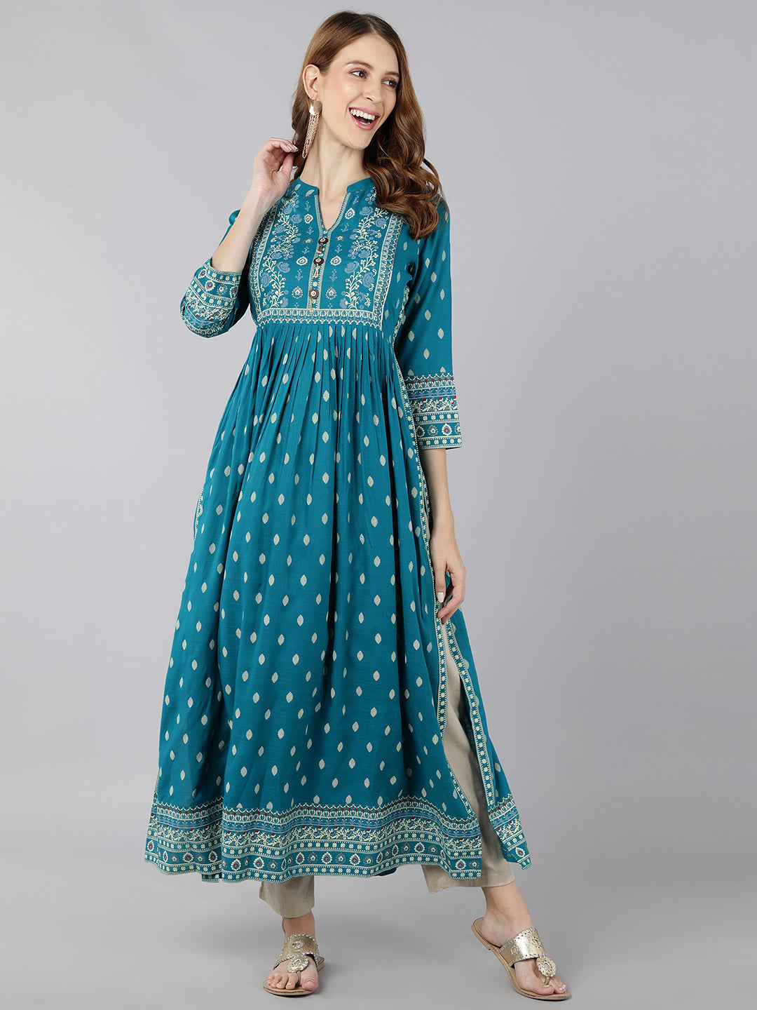 Rayon Printed A-Line Kurta (Turquoise)