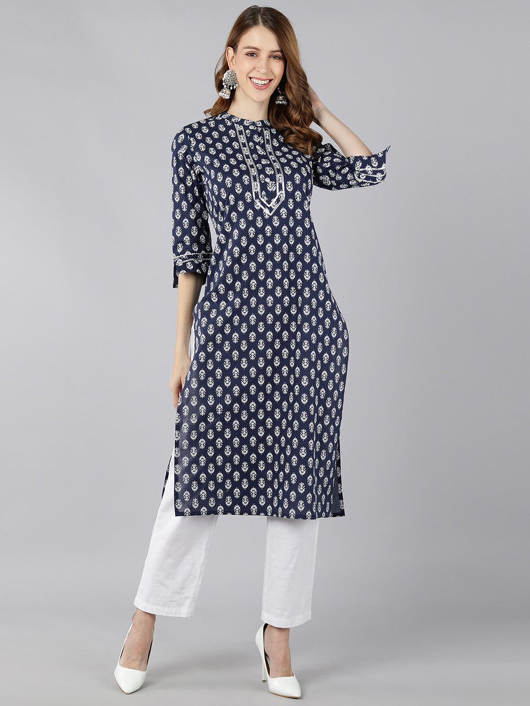 Cotton Block Print Straight Kurta (Navy Blue)
