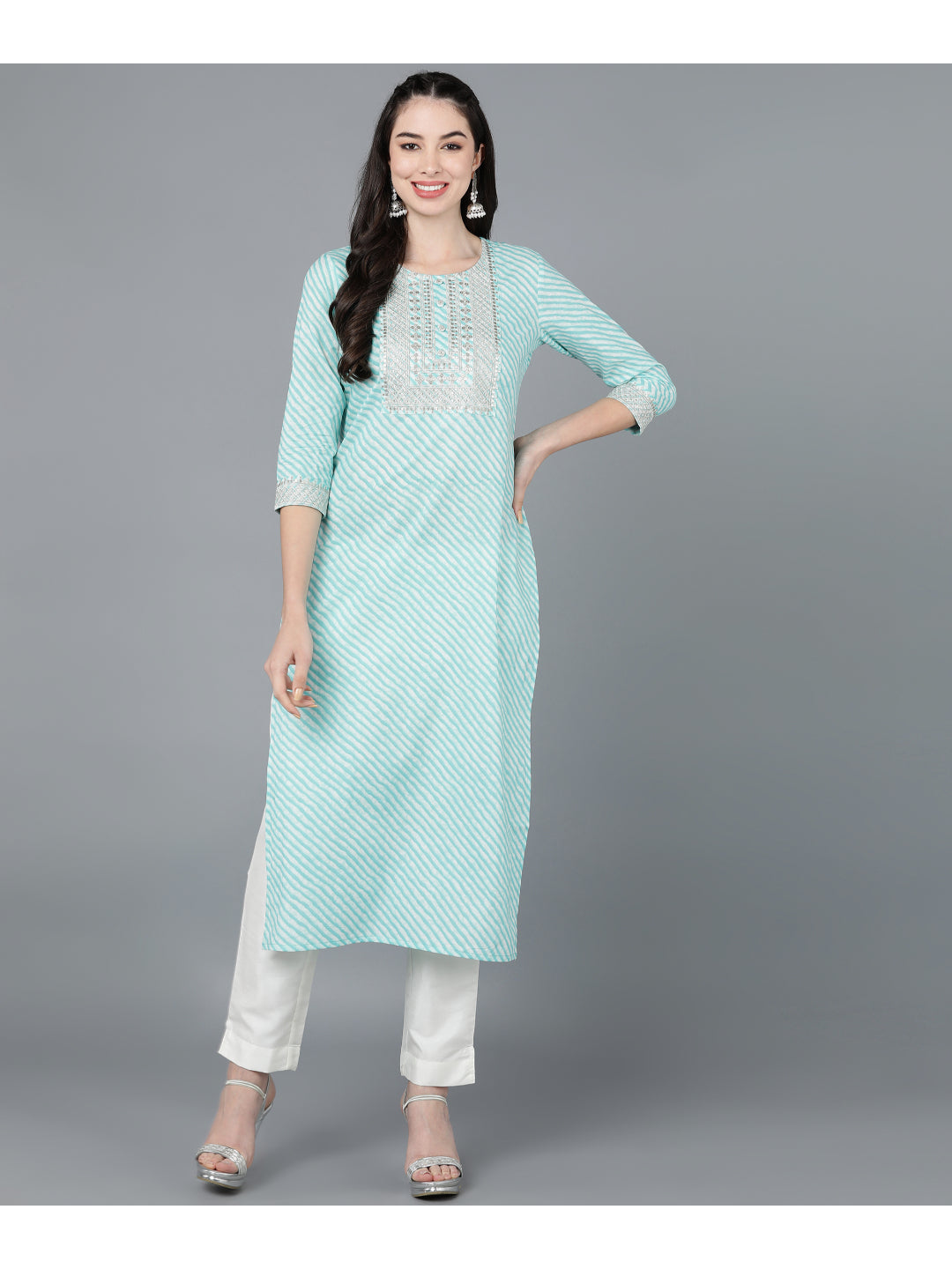 Cotton Leheriya Print Straight Kurta (Light Blue)