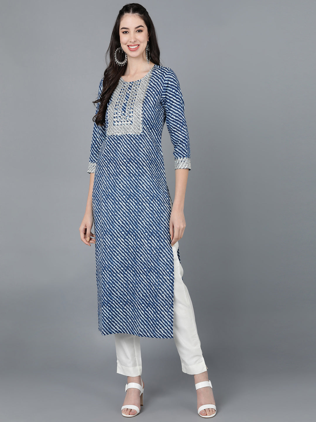 Cotton Lehriya Print Straight Kurta (Navy Blue)