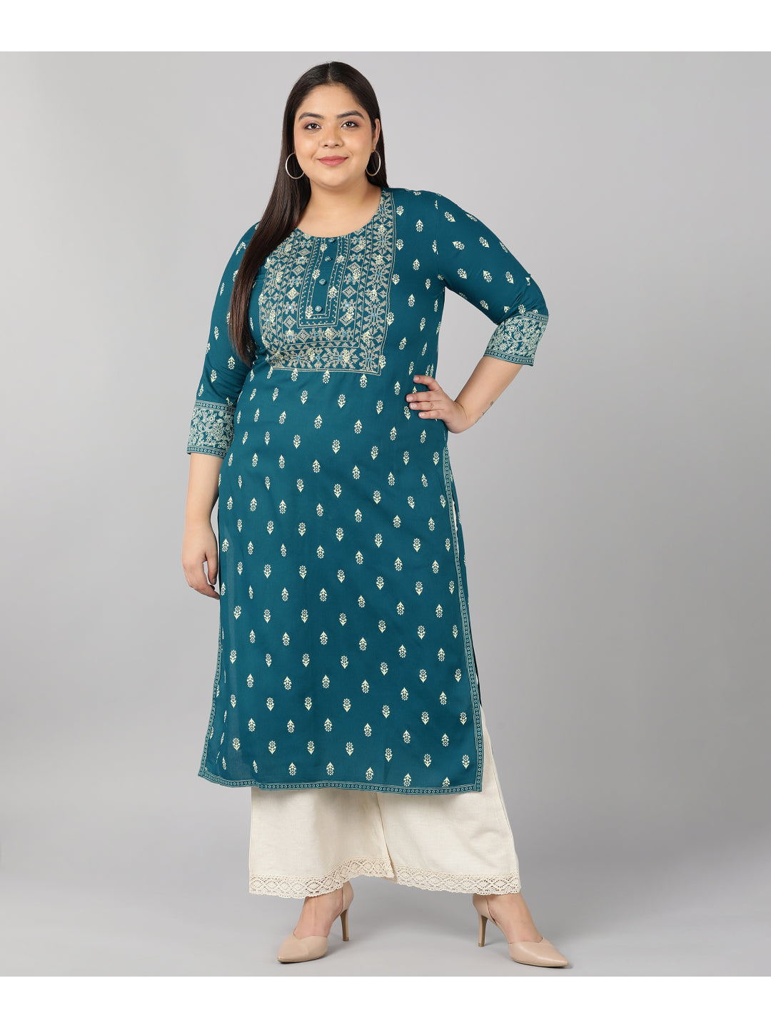 Rayon Block Print Straight Kurta (Turquoise)