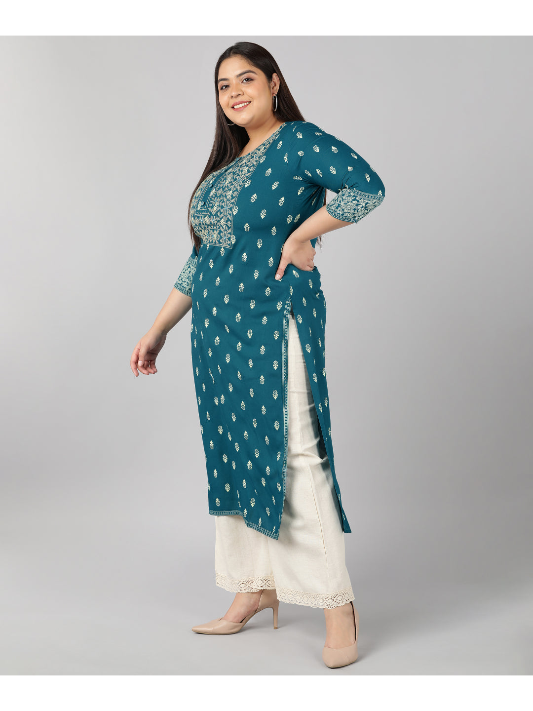 Rayon Block Print Straight Kurta (Turquoise)