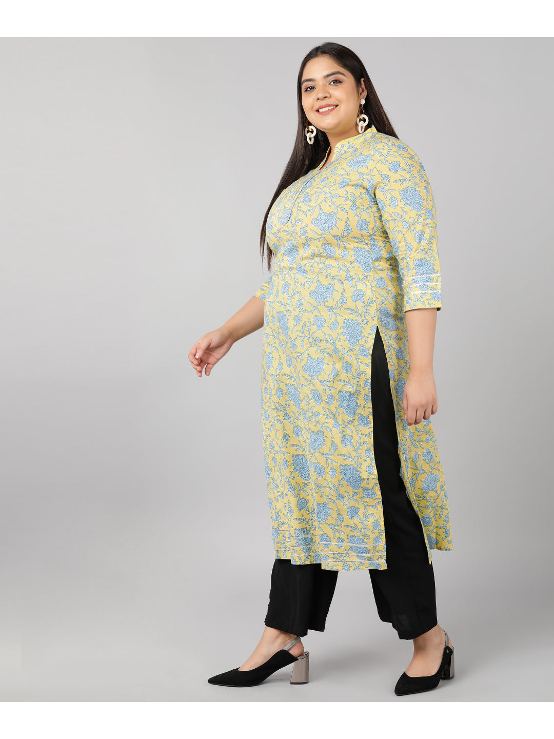 Cotton Floral Print Straight Kurta (Yellow)