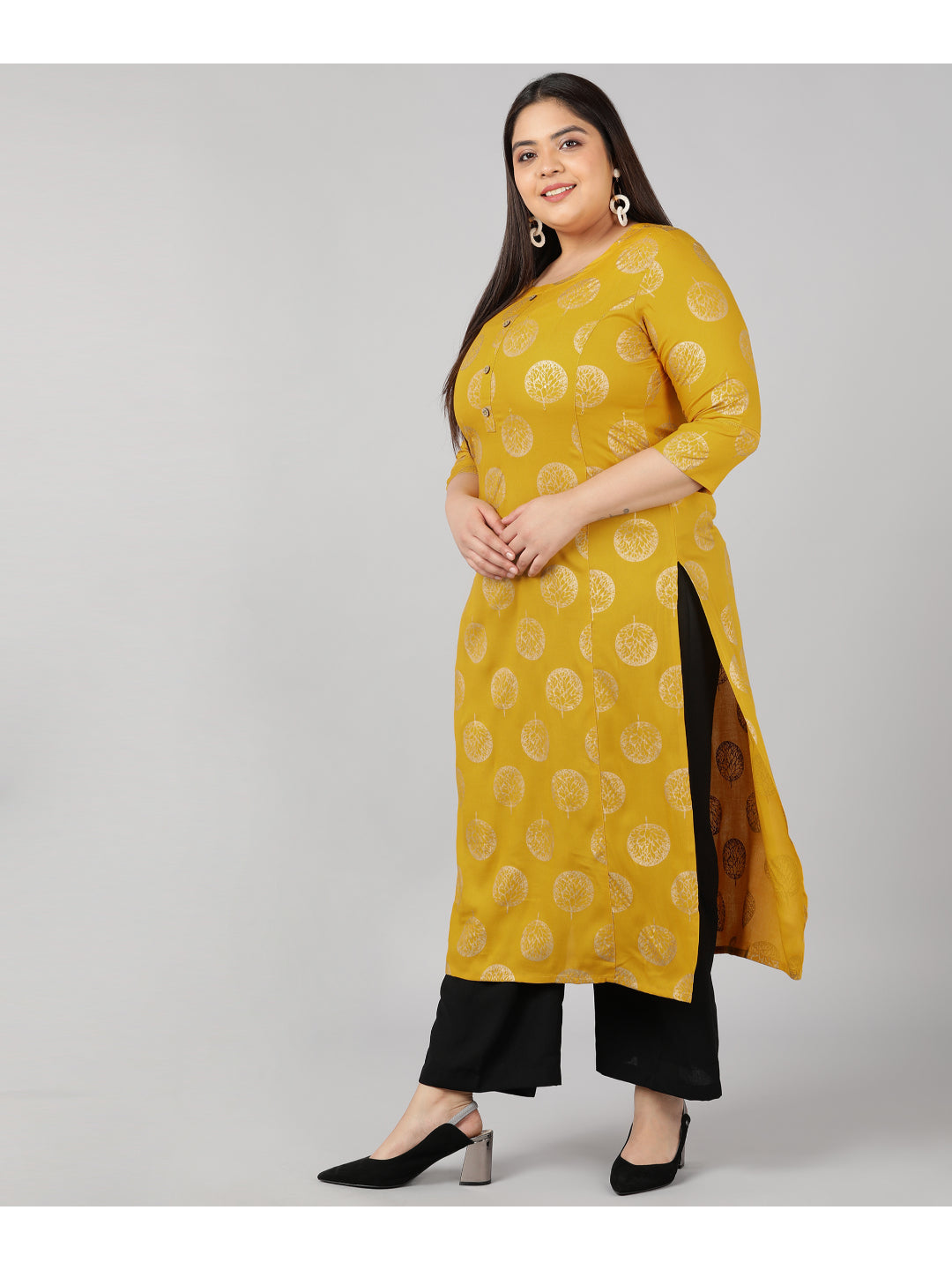 Rayon Gold Print Straight Kurta (Mustard)
