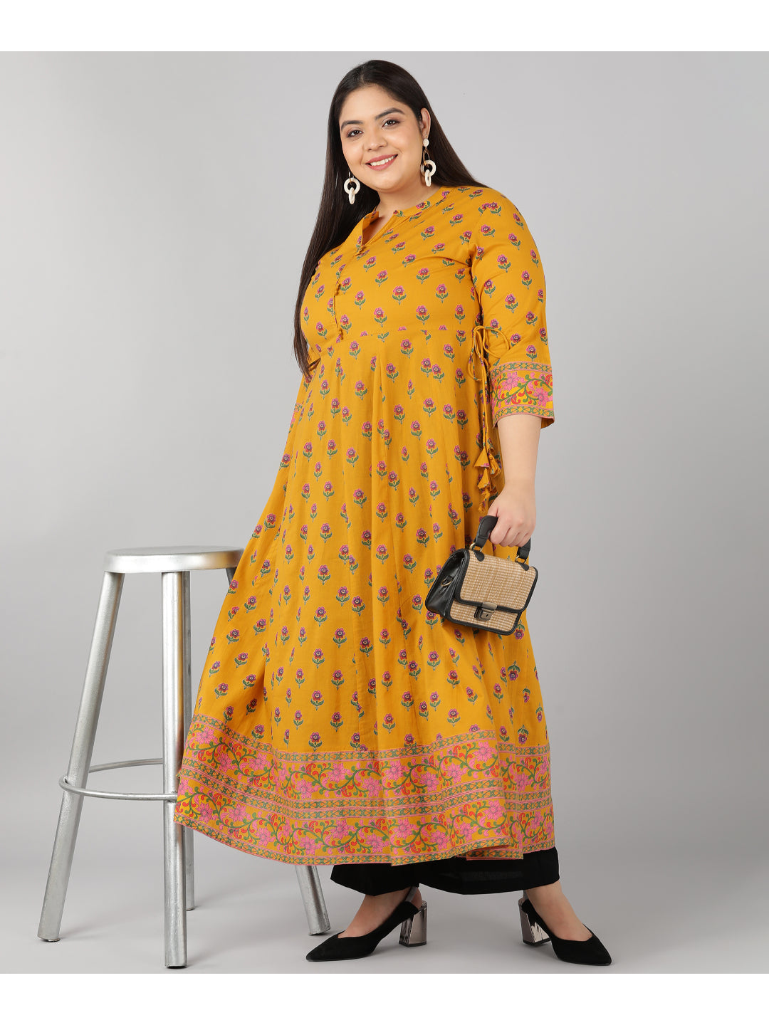 Cotton Block Print Anarkali Kurta (Mustard)