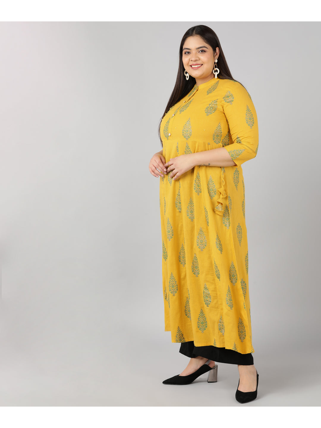 Cotton Block Print Anarkali Kurta (Mustard)