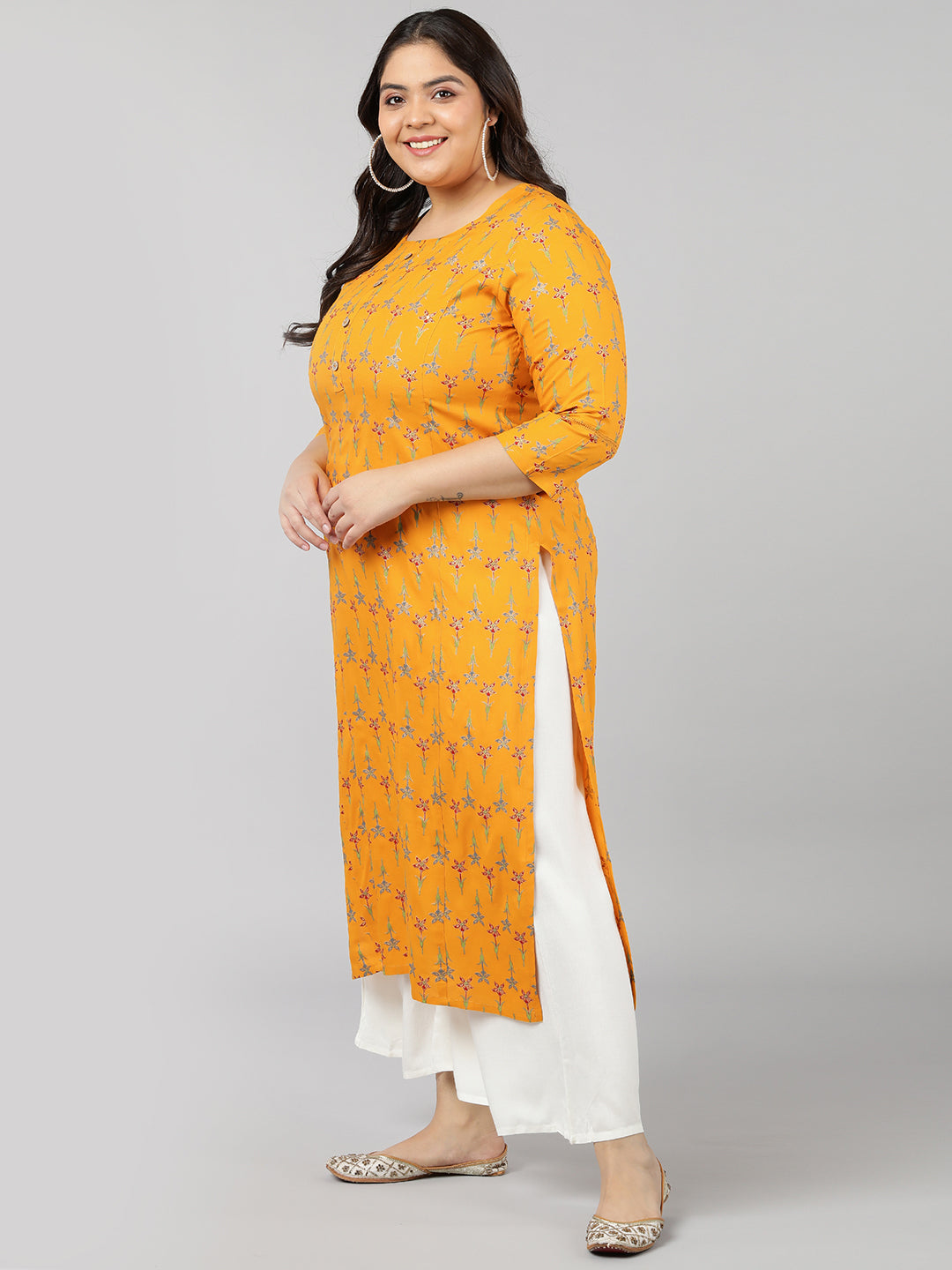 Rayon Floral Print Straight Kurta (Mustard)