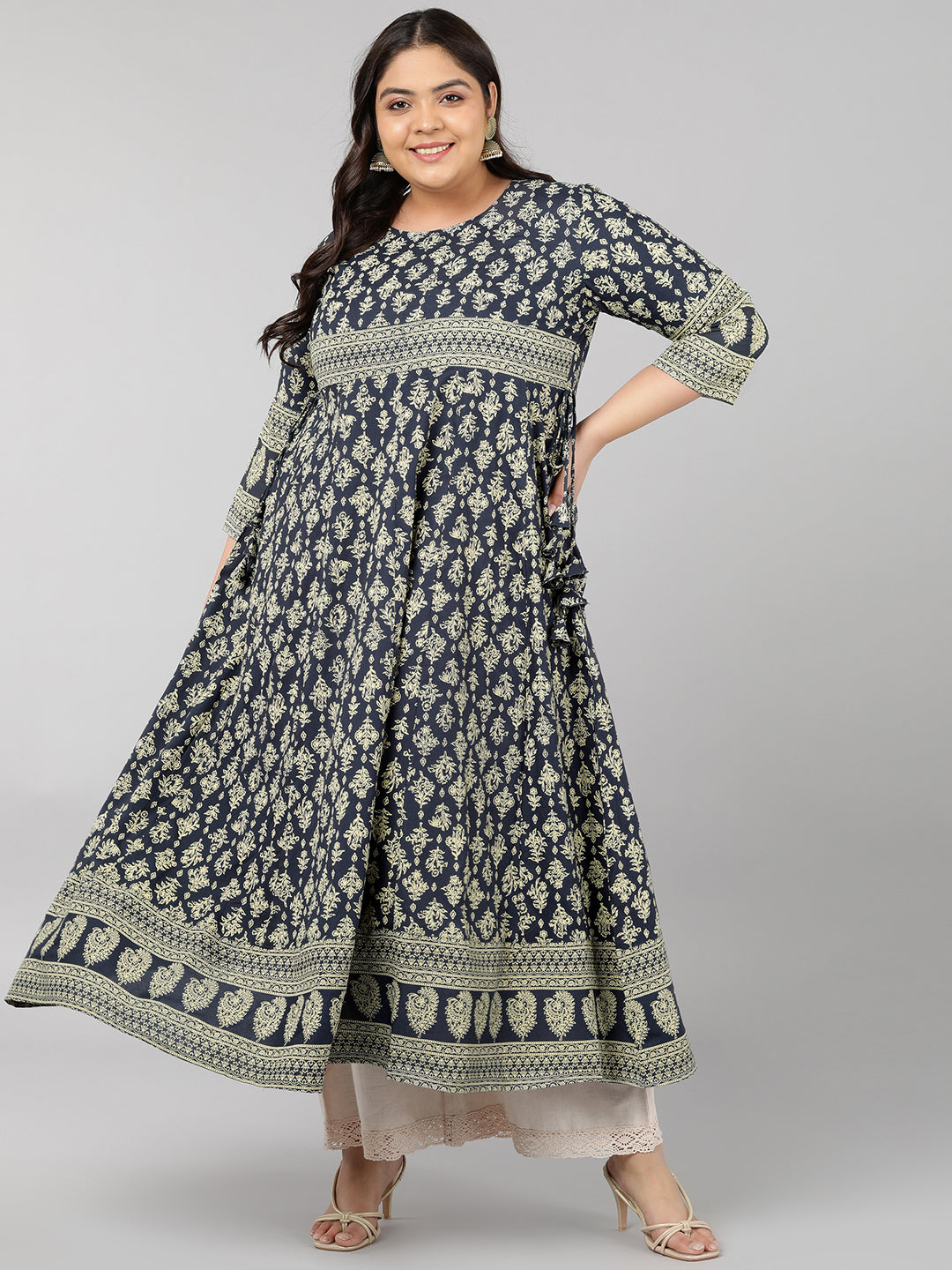 Rayon Floral Print Anarkali Kurta (Grey)