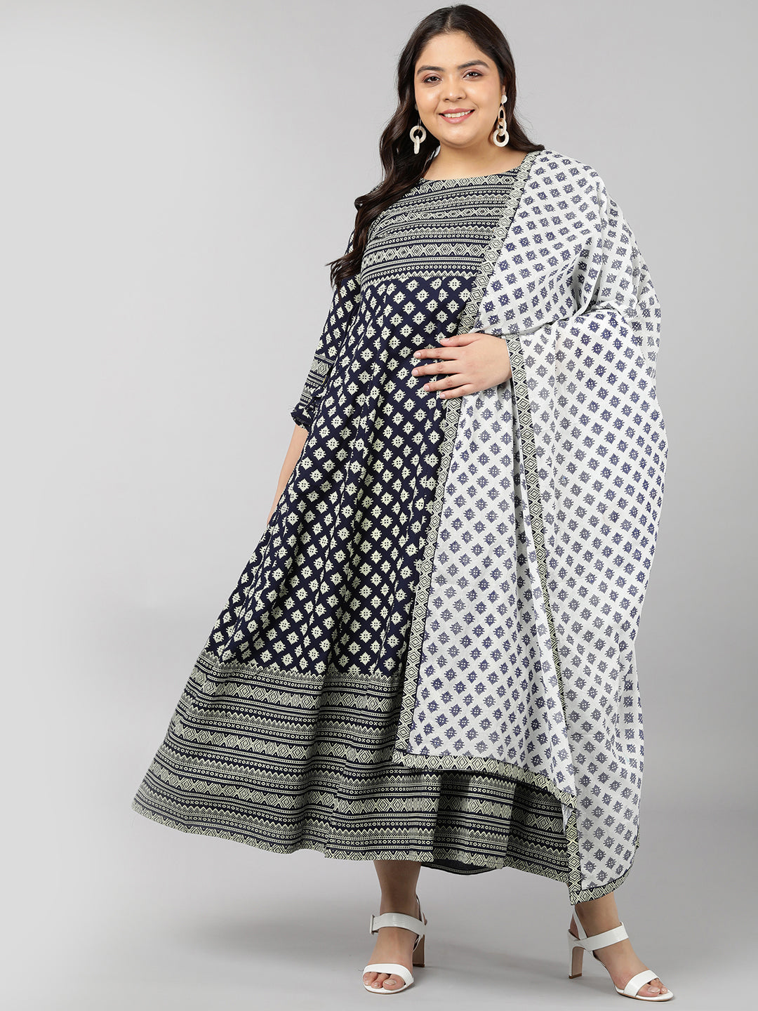 Rayon Printed Regular Kurta Set (Navy)