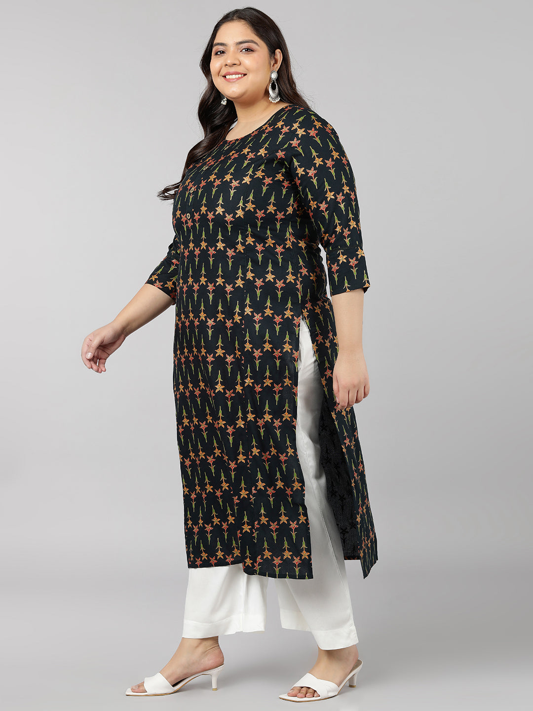 Rayon Floral Print Straight Kurta (Dark Green)