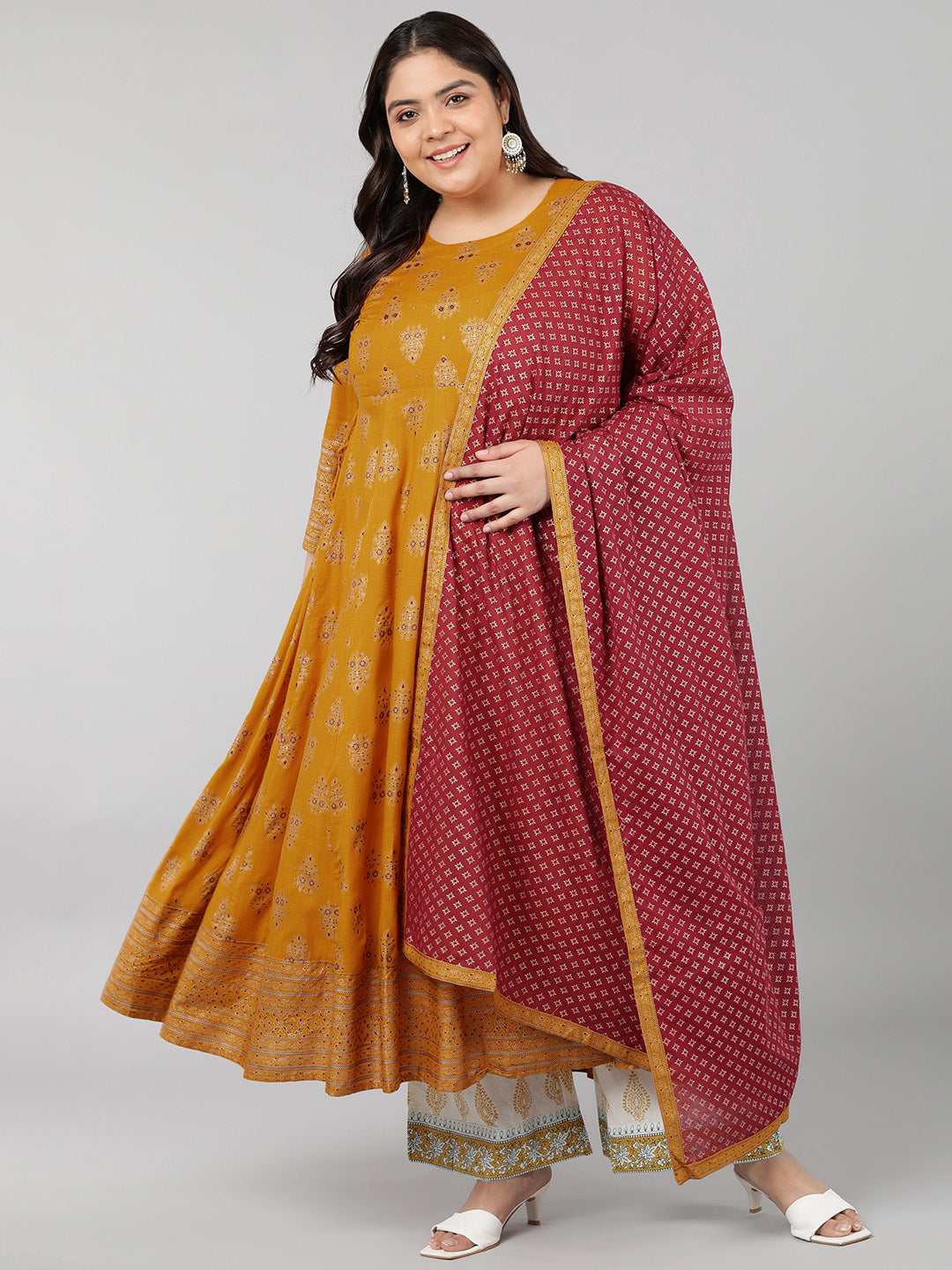 Rayon Printed Anarkali Kurta Set (Mustard)