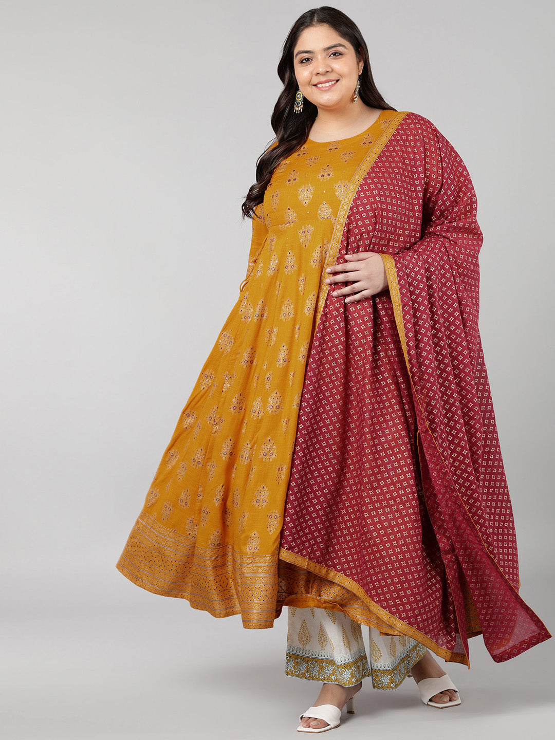 Rayon Printed Anarkali Kurta Set (Mustard)