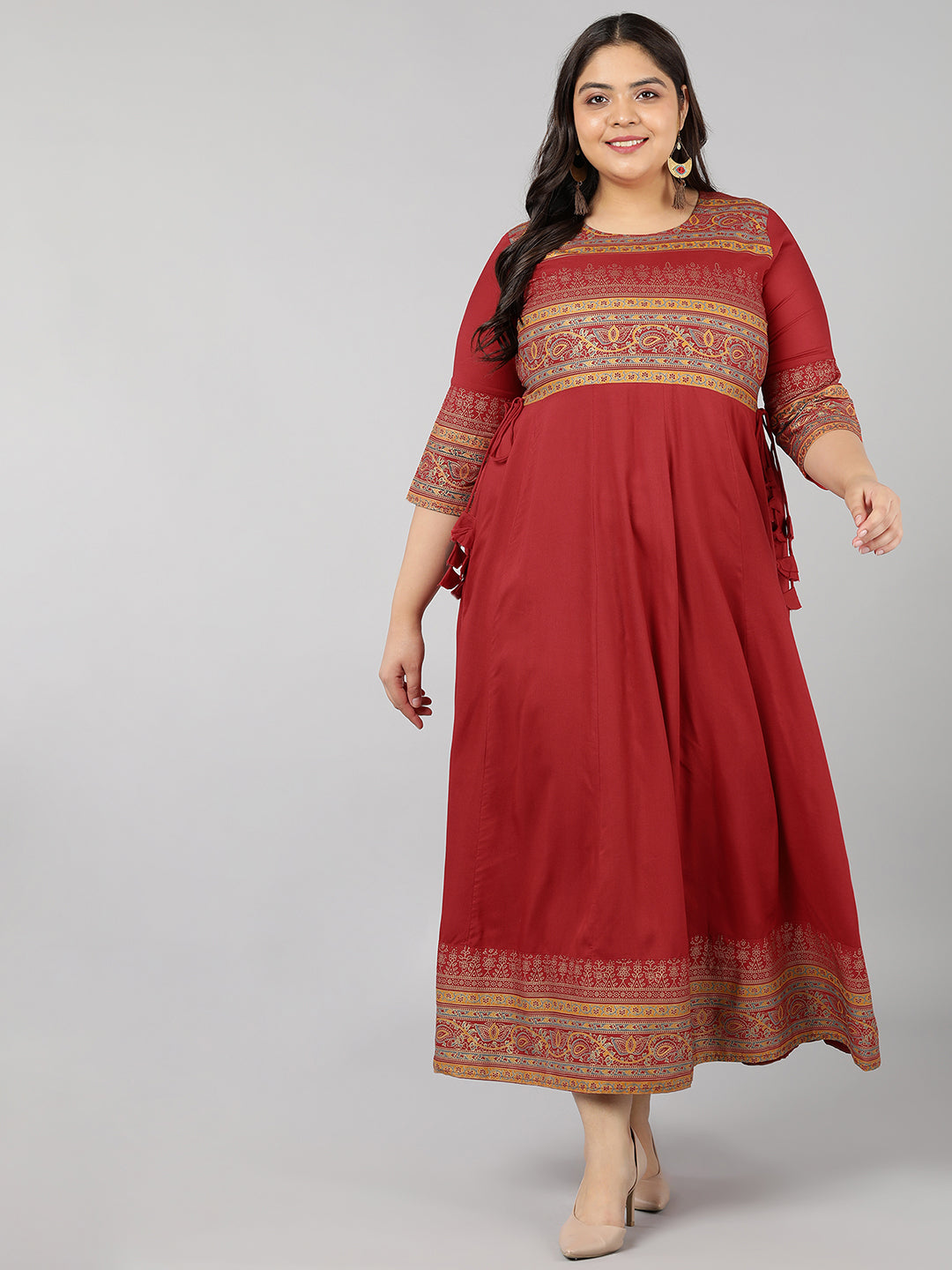 Rayon Gold Print Anarkali Kurta (Red) - Main Image