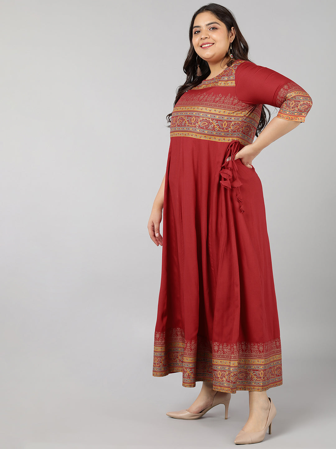 Rayon Gold Print Anarkali Kurta (Red)