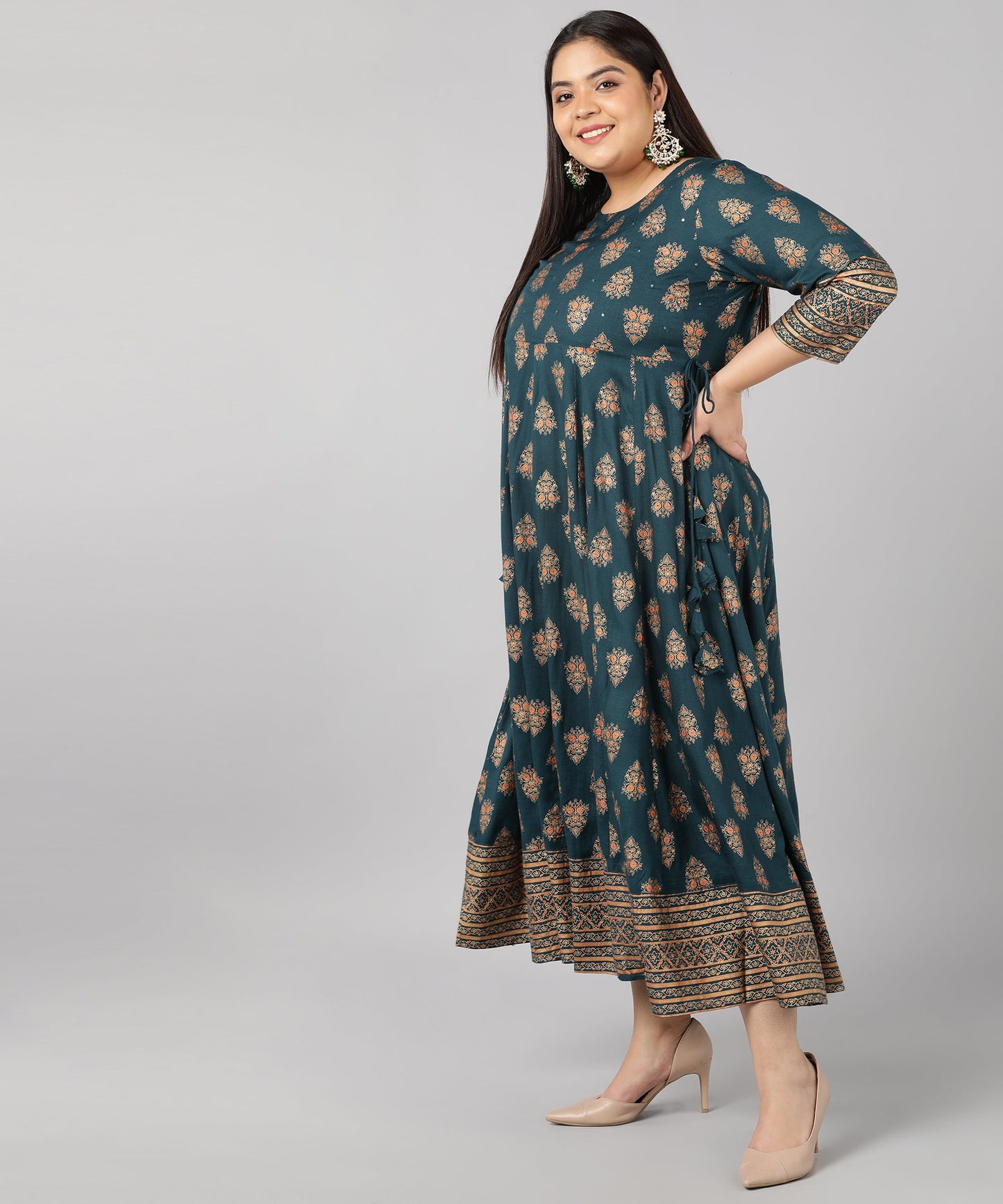 Rayon Printed Anarkali Kurta Set (Teal)
