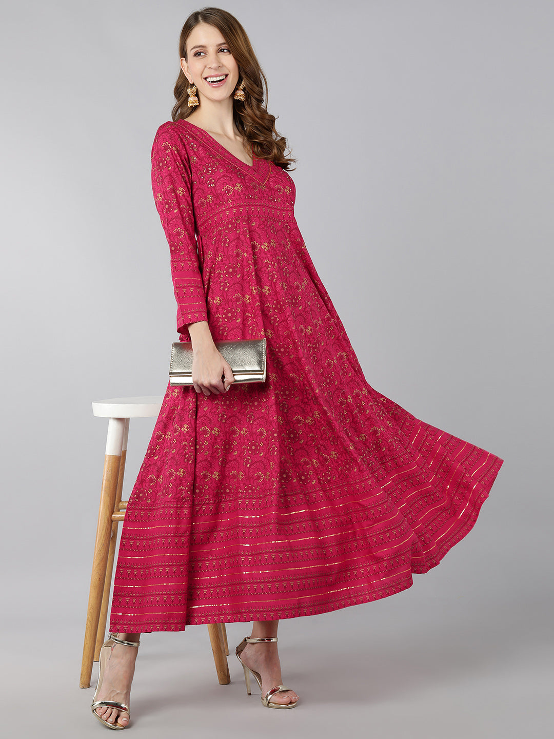 Rayon Gold Print Anarkali Kurta (Pink)