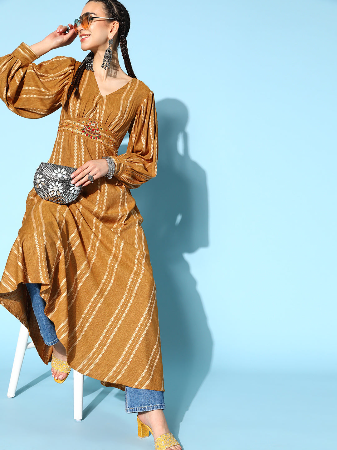 Woven Poly Striped Print Flared Dress (Brown)