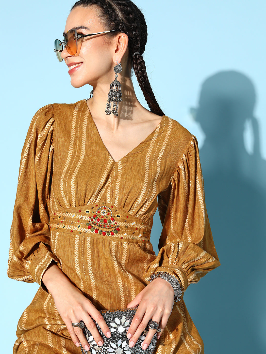 Woven Poly Striped Print Flared Dress (Brown)
