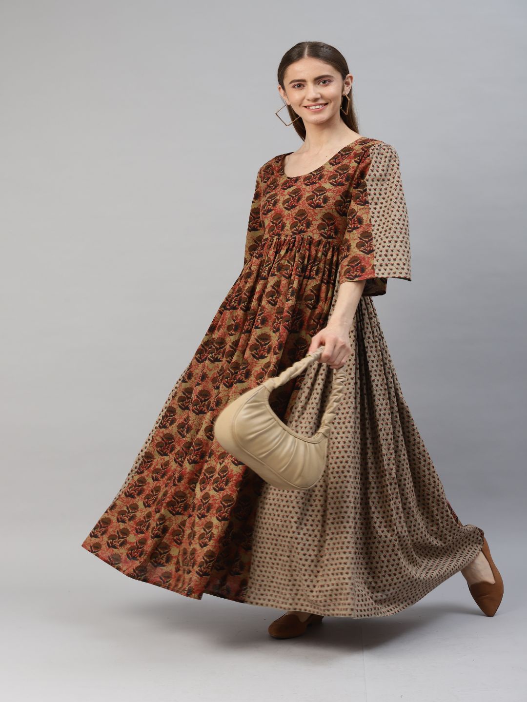 Cotton Buta Print Flared Kurta (Brown)