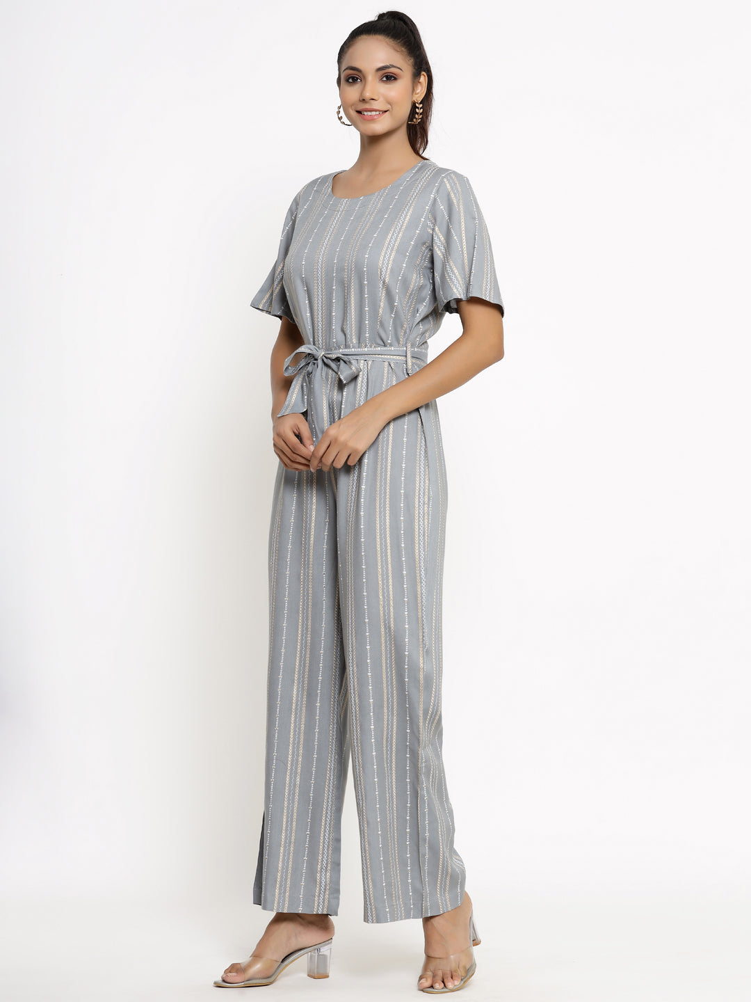 Rayon Stripe Print Straight Jumpsuit