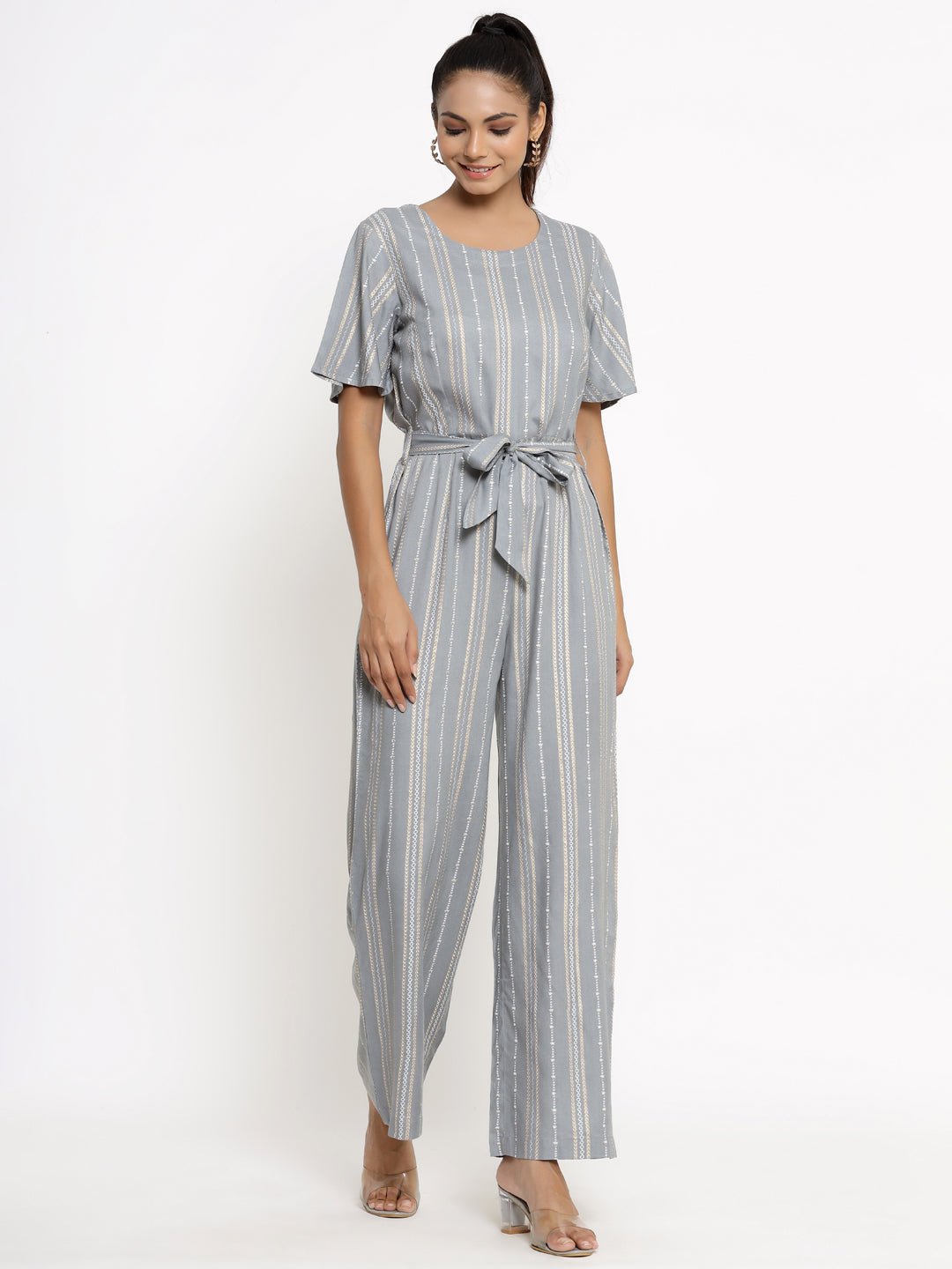 Rayon Stripe Print Straight Jumpsuit