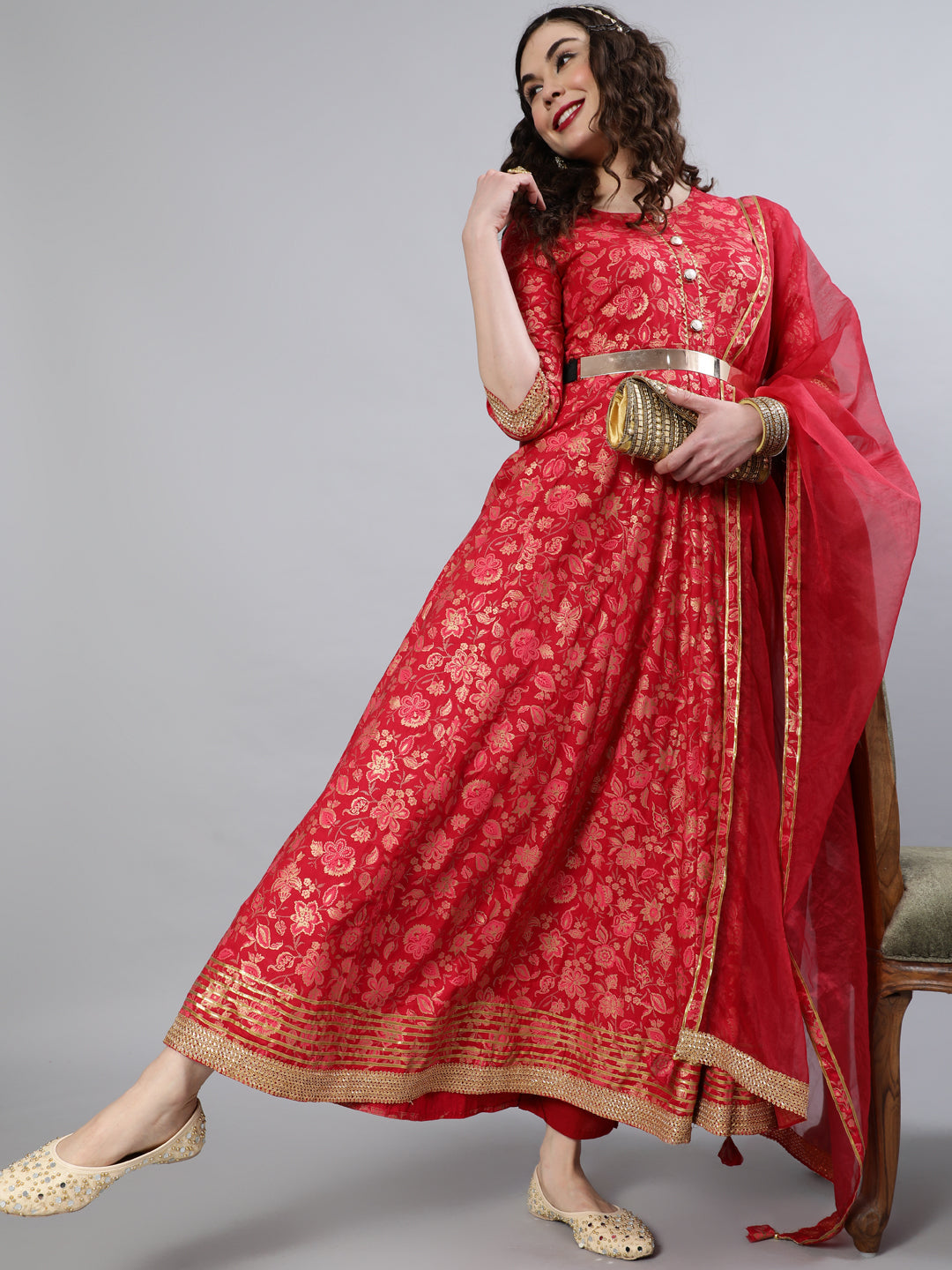 Women Rayon Round Neck 3/4 Sleeve Foil Printed Anarkali Organza Dupatta Kurta