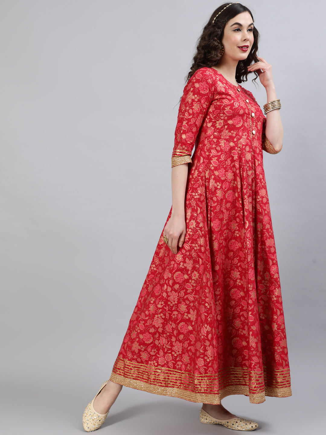 Women Rayon Round Neck 3/4 Sleeve Foil Printed Anarkali Organza Dupatta Kurta