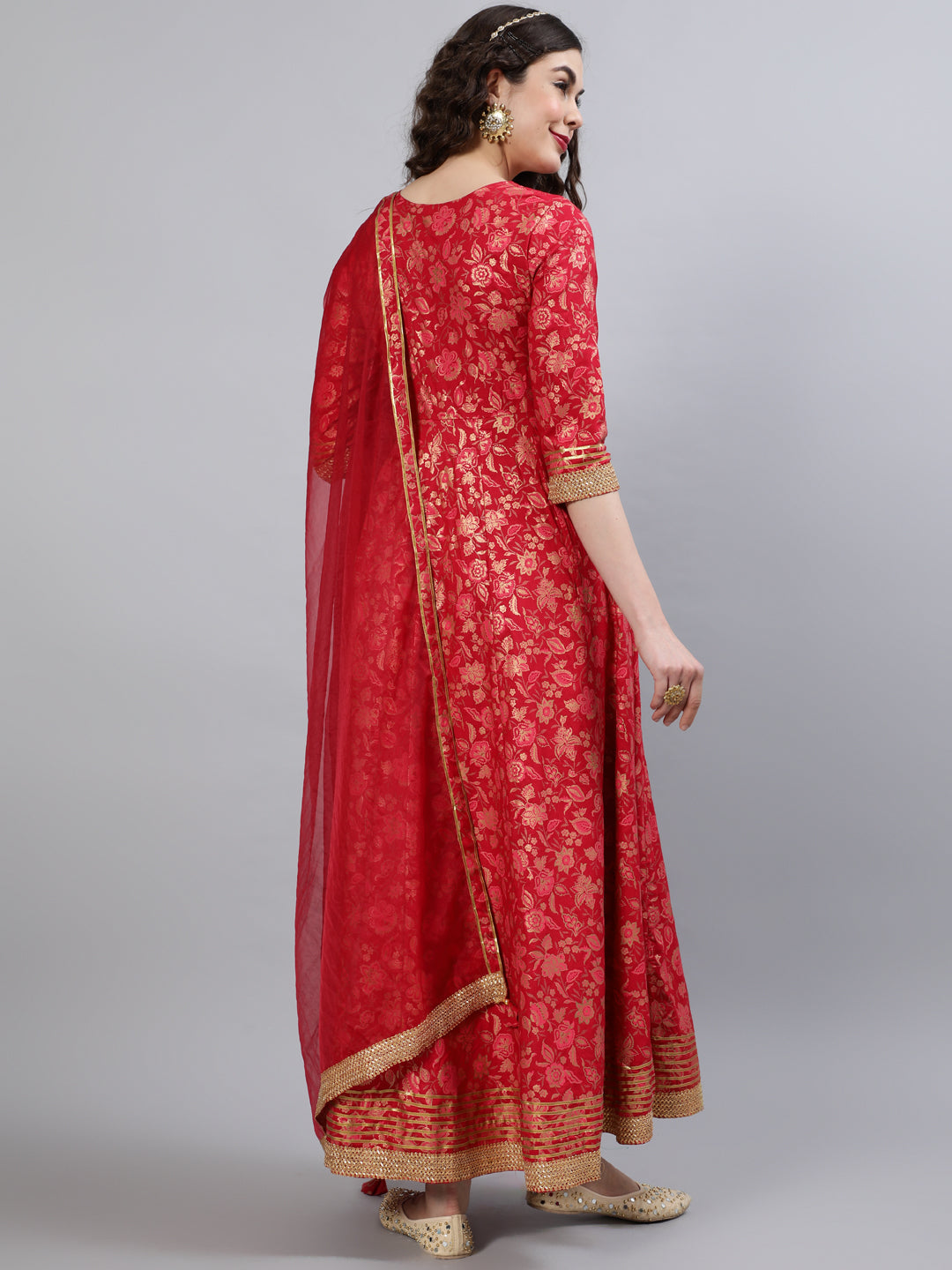 Women Rayon Round Neck 3/4 Sleeve Foil Printed Anarkali Organza Dupatta Kurta