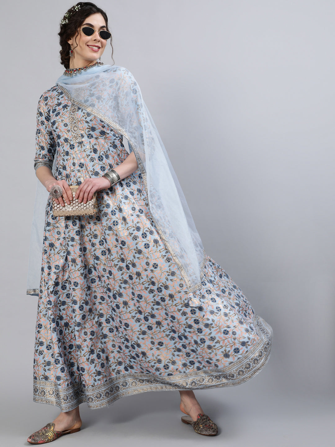 Women Rayon Round Neck 3/4 Sleeve Foil Printed Anarkali Organza Dupatta Kurta