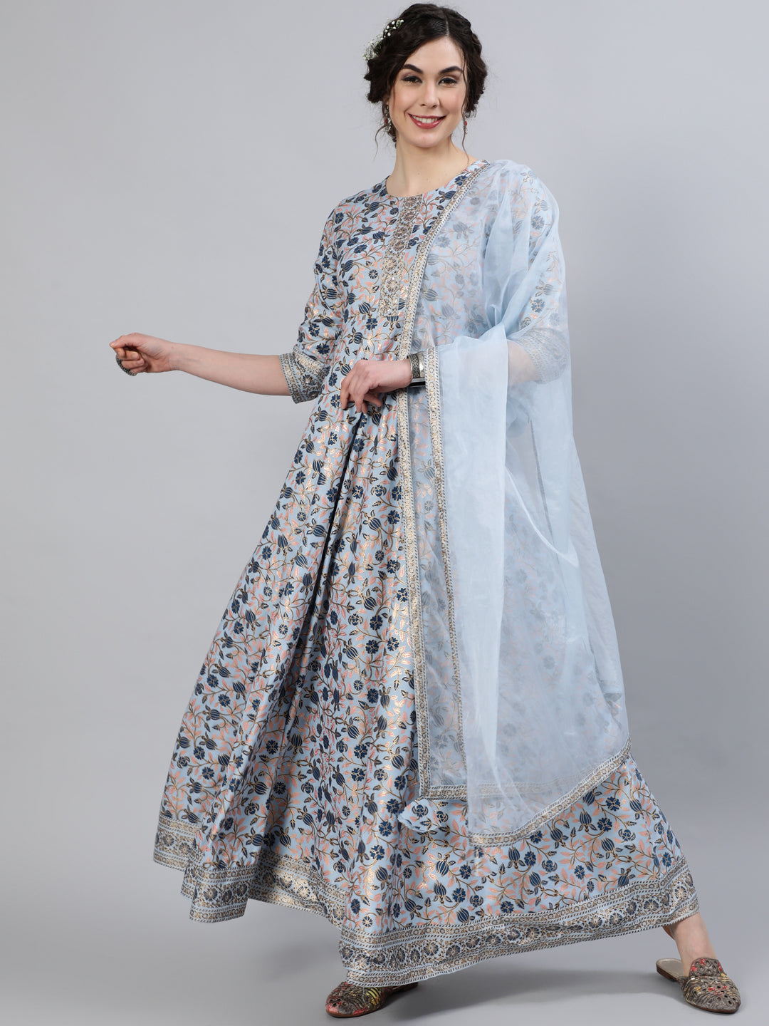 Women Rayon Round Neck 3/4 Sleeve Foil Printed Anarkali Organza Dupatta Kurta