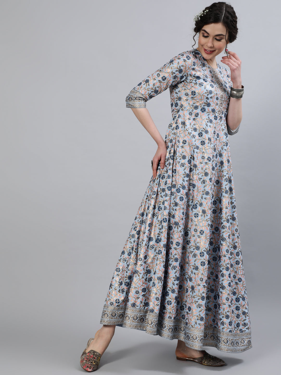 Women Rayon Round Neck 3/4 Sleeve Foil Printed Anarkali Organza Dupatta Kurta