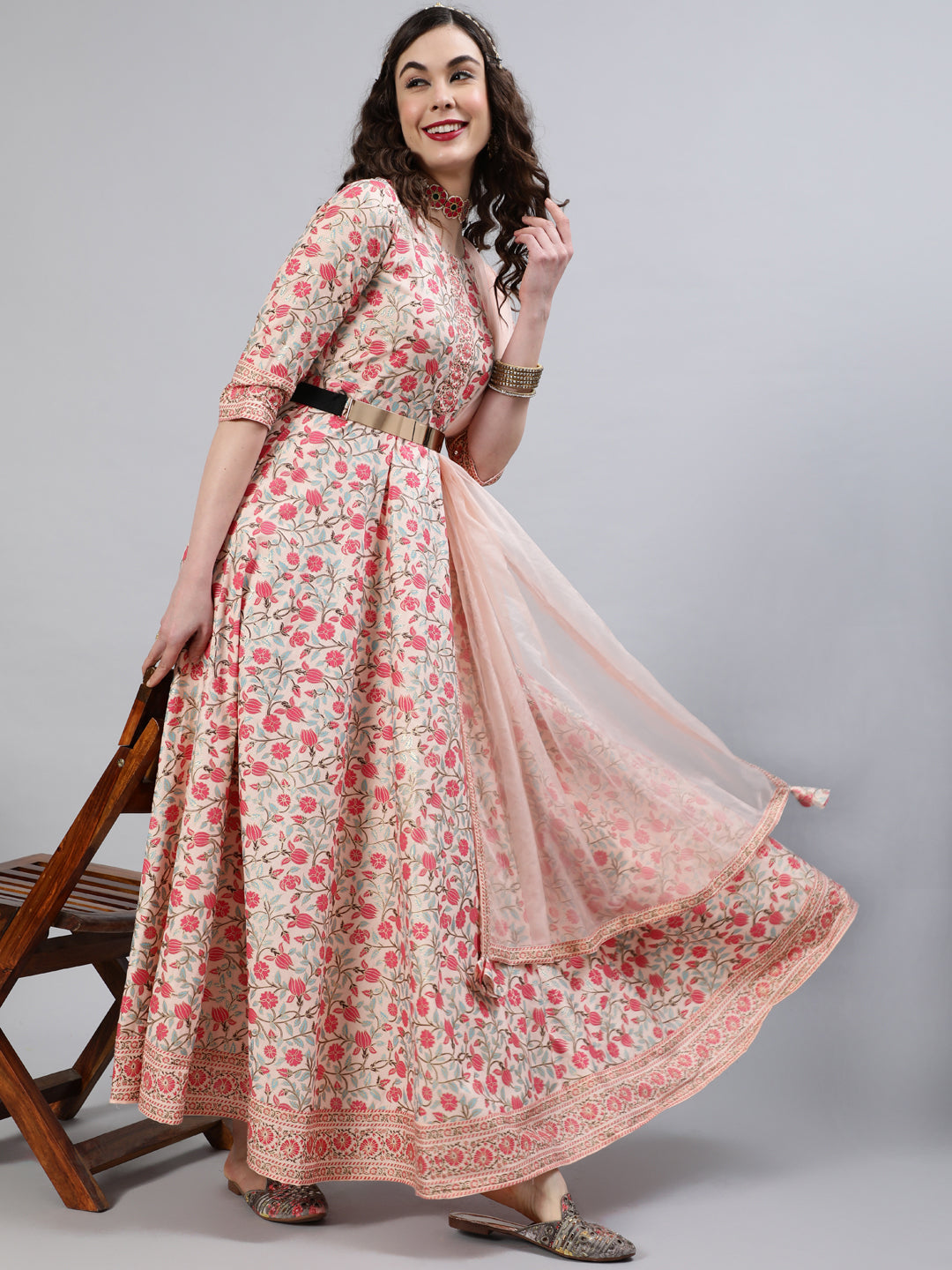 Women Rayon Round Neck 3/4 Sleeve Foil Printed Anarkali Organza Dupatta Kurta