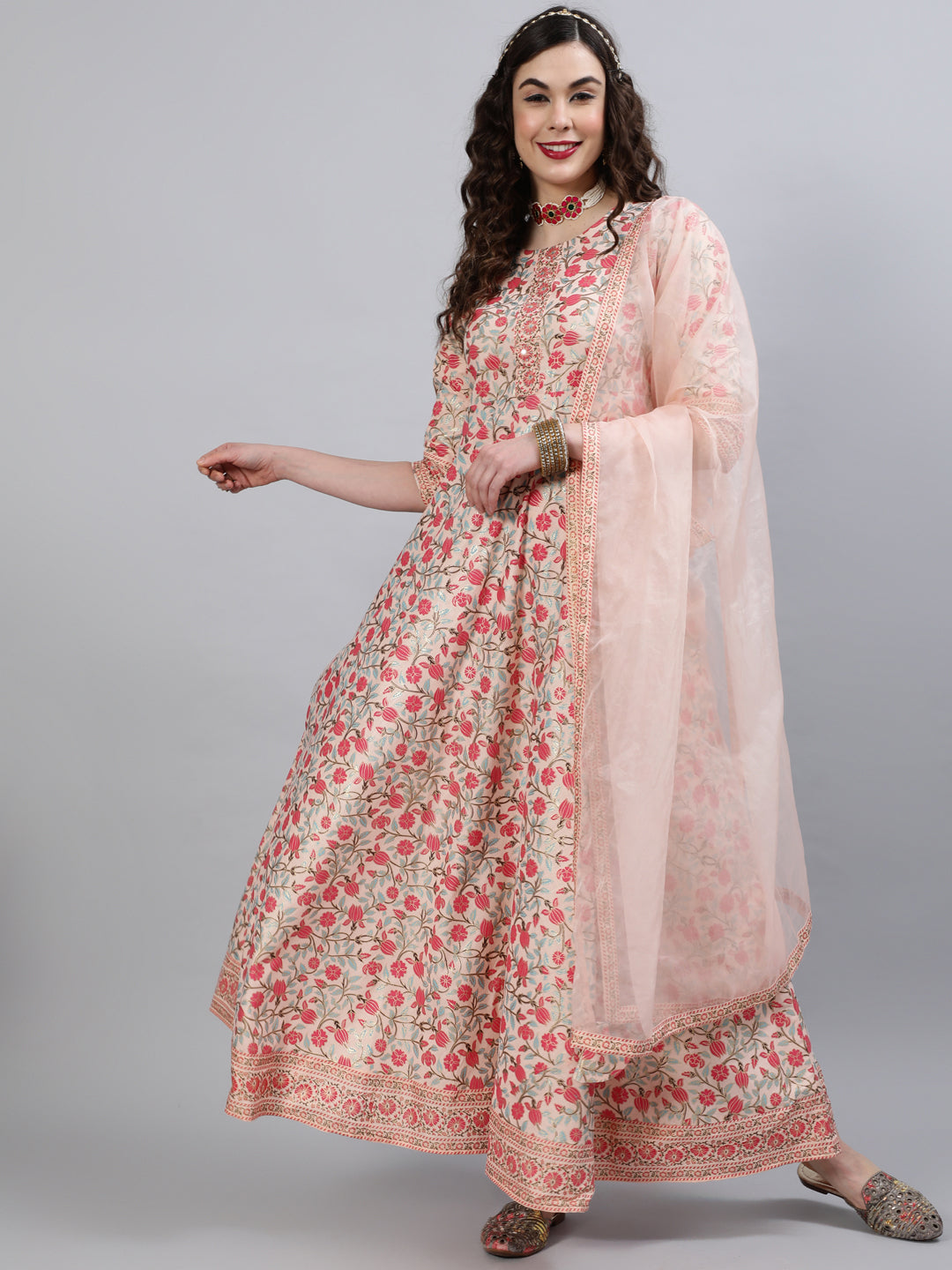 Women Rayon Round Neck 3/4 Sleeve Foil Printed Anarkali Organza Dupatta Kurta