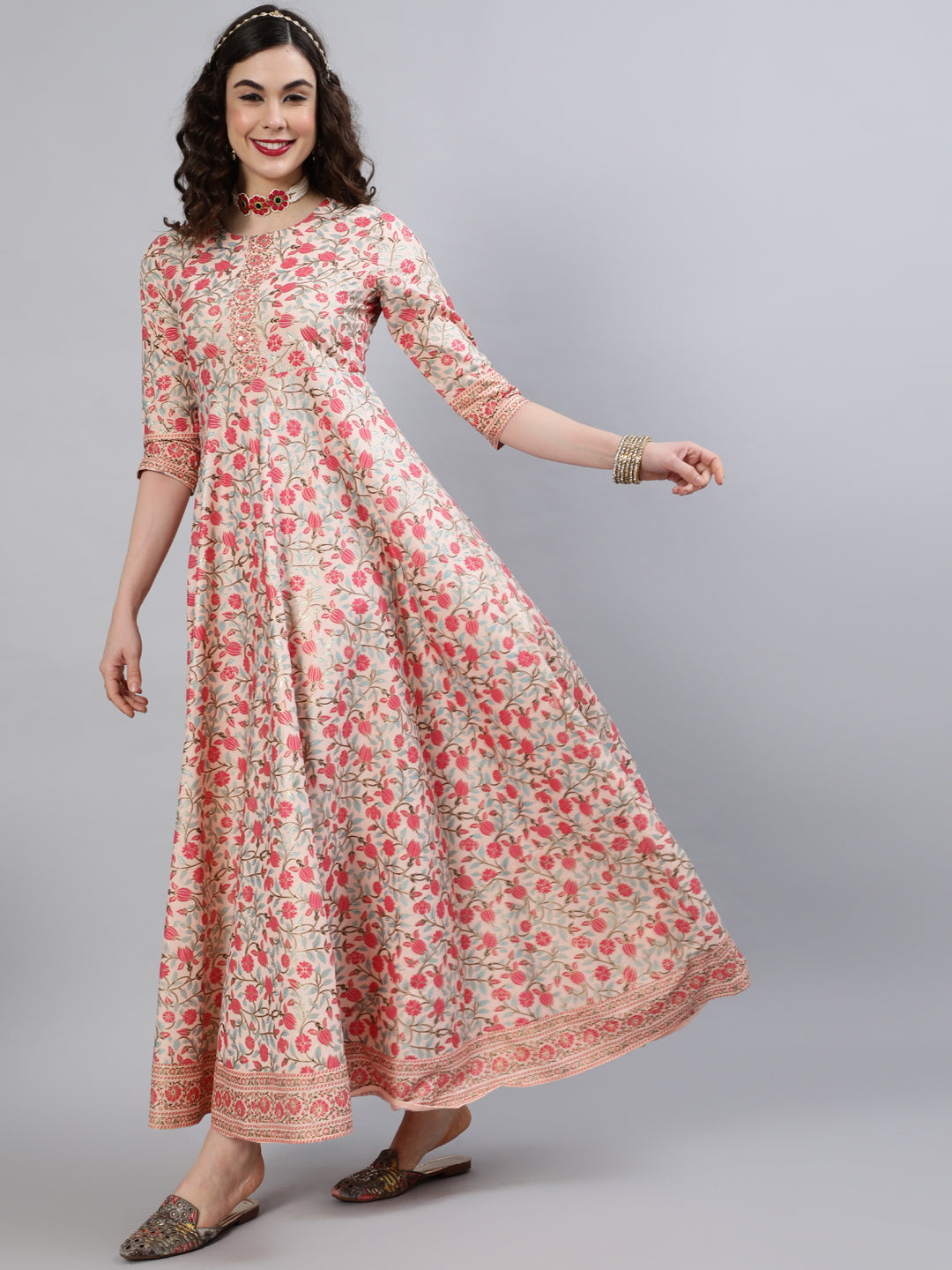 Women Rayon Round Neck 3/4 Sleeve Foil Printed Anarkali Organza Dupatta Kurta