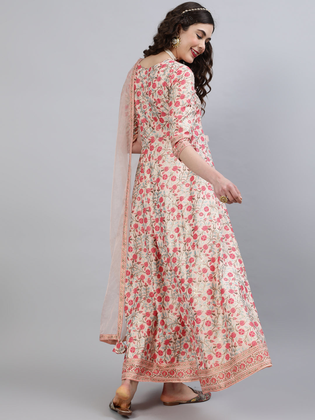 Women Rayon Round Neck 3/4 Sleeve Foil Printed Anarkali Organza Dupatta Kurta