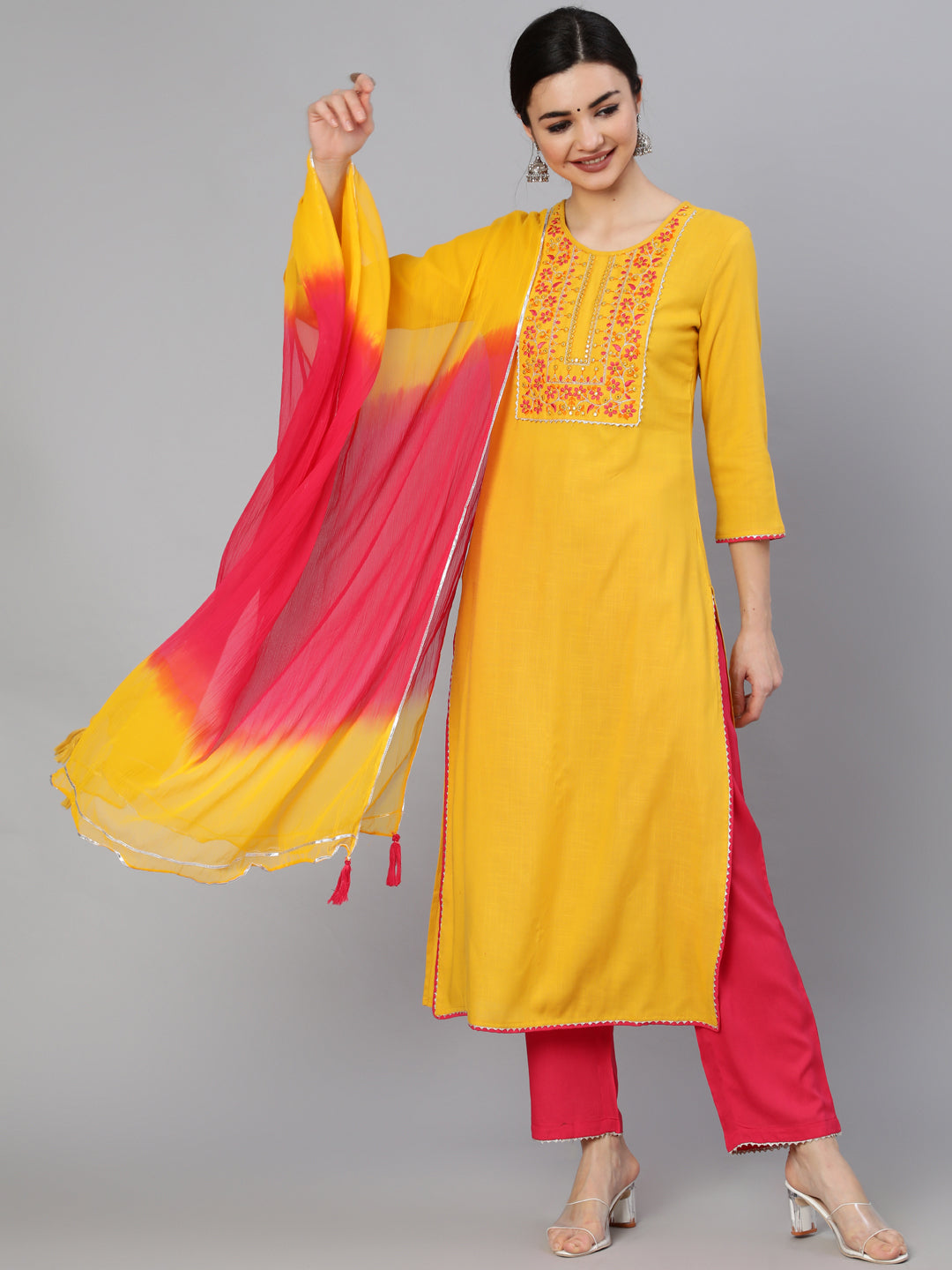 Rayon Slub Calf Length Embroidered Straight 3/4 Sleeve Round Neck Kurta Set