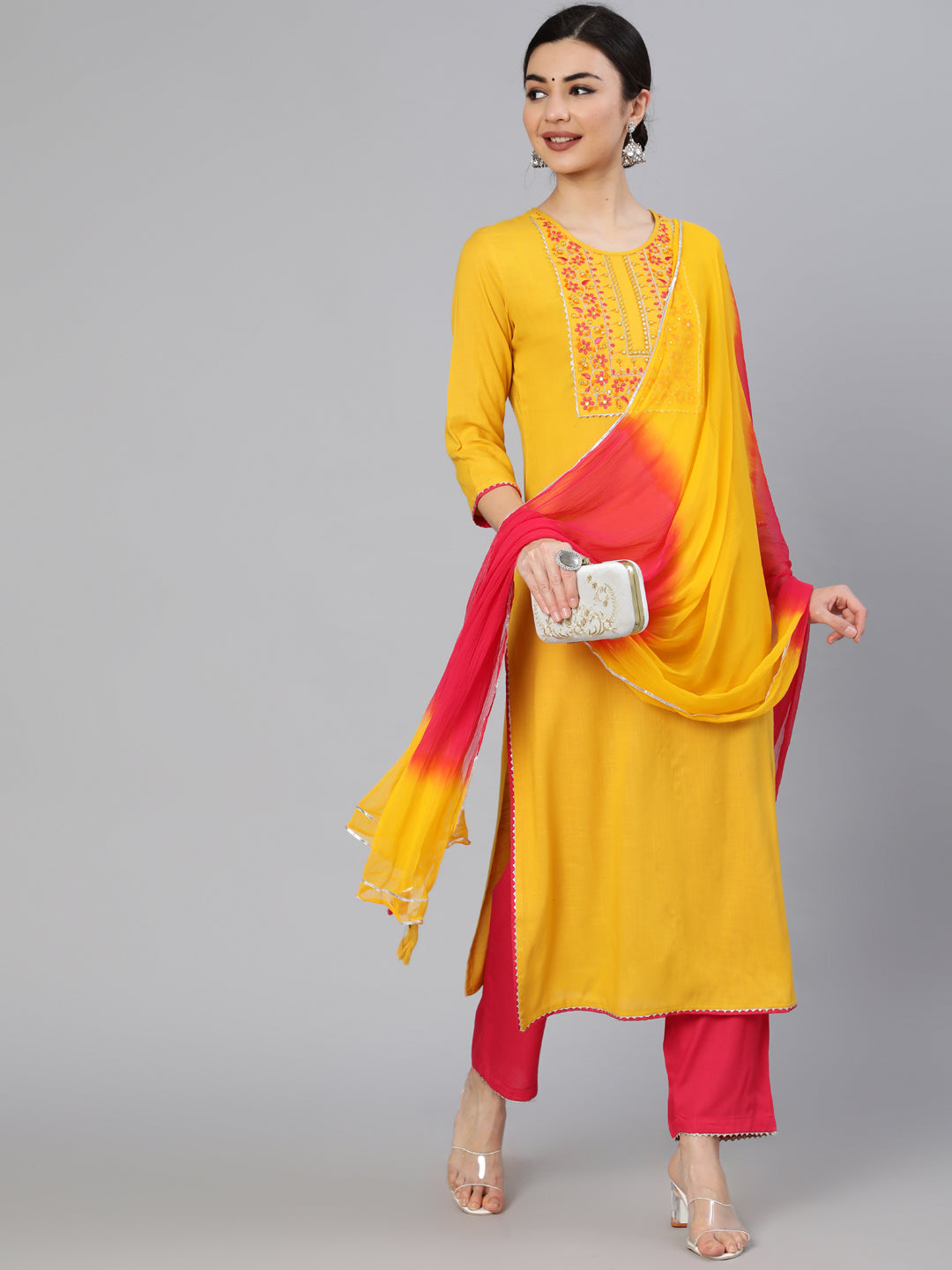 Rayon Slub Calf Length Embroidered Straight 3/4 Sleeve Round Neck Kurta Set