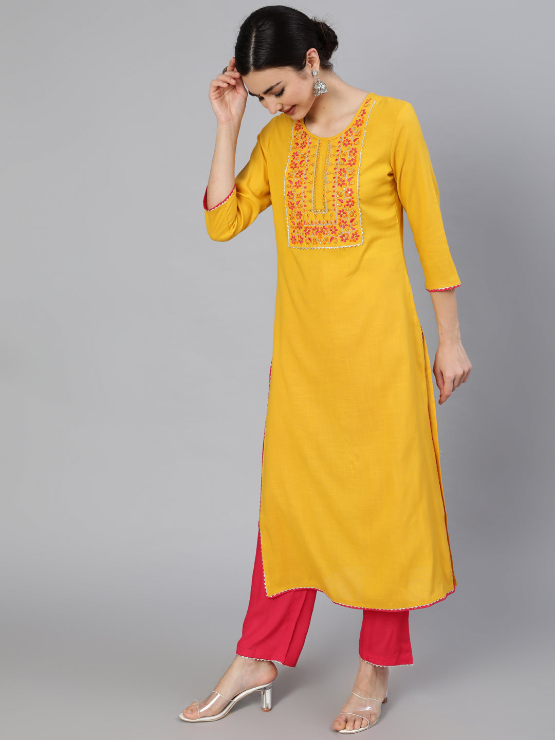 Rayon Slub Calf Length Embroidered Straight 3/4 Sleeve Round Neck Kurta Set