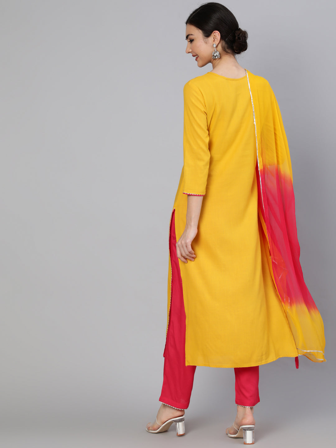 Rayon Slub Calf Length Embroidered Straight 3/4 Sleeve Round Neck Kurta Set
