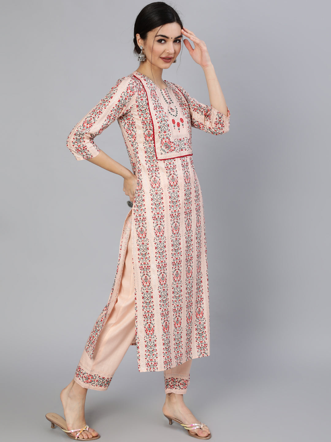 Rayon Slub Calf Length Printed Straight 3/4 Sleeve Round Neck Kurta Set