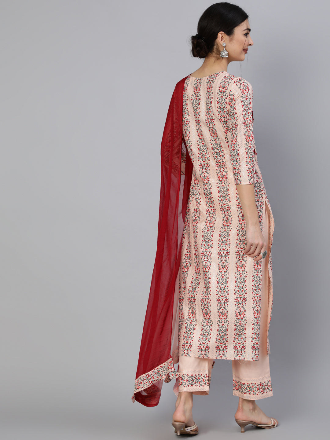 Rayon Slub Calf Length Printed Straight 3/4 Sleeve Round Neck Kurta Set