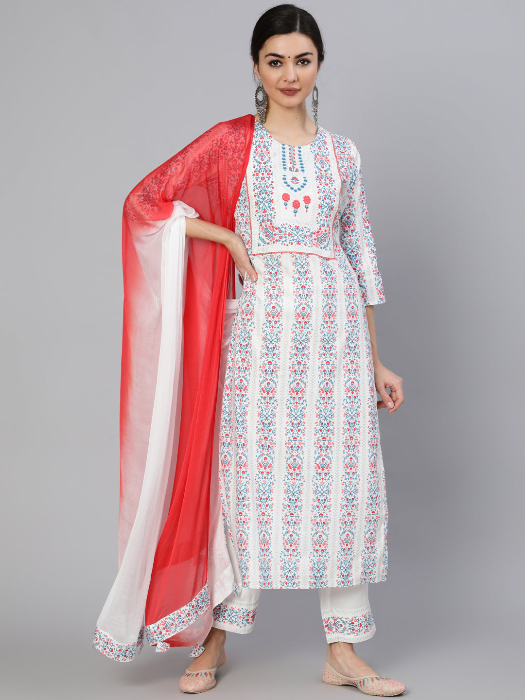 Rayon Slub Calf Length Printed Straight 3/4 Sleeve Round Neck Kurta Set