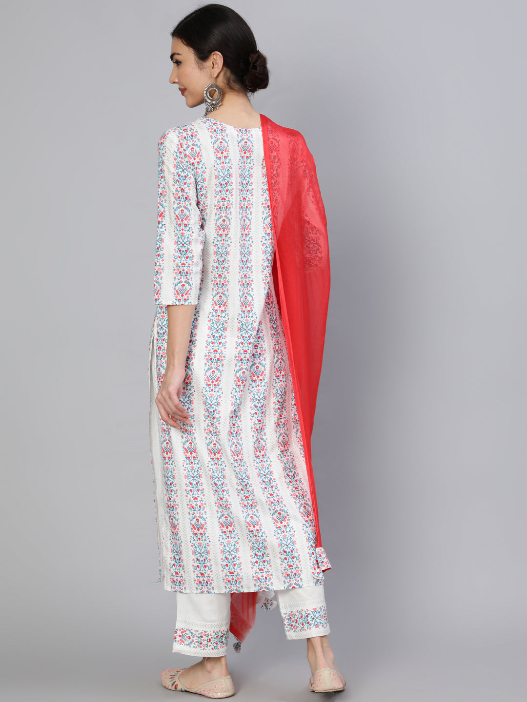 Rayon Slub Calf Length Printed Straight 3/4 Sleeve Round Neck Kurta Set