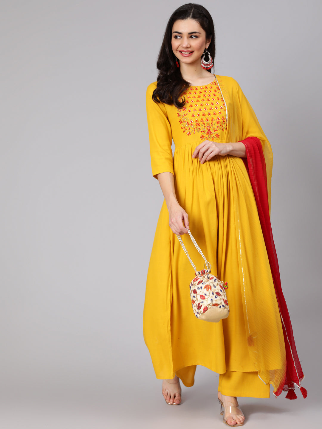 Rayon Slub Calf Length Embroidered Flared 3/4 Sleeve Round Neck Kurta Set