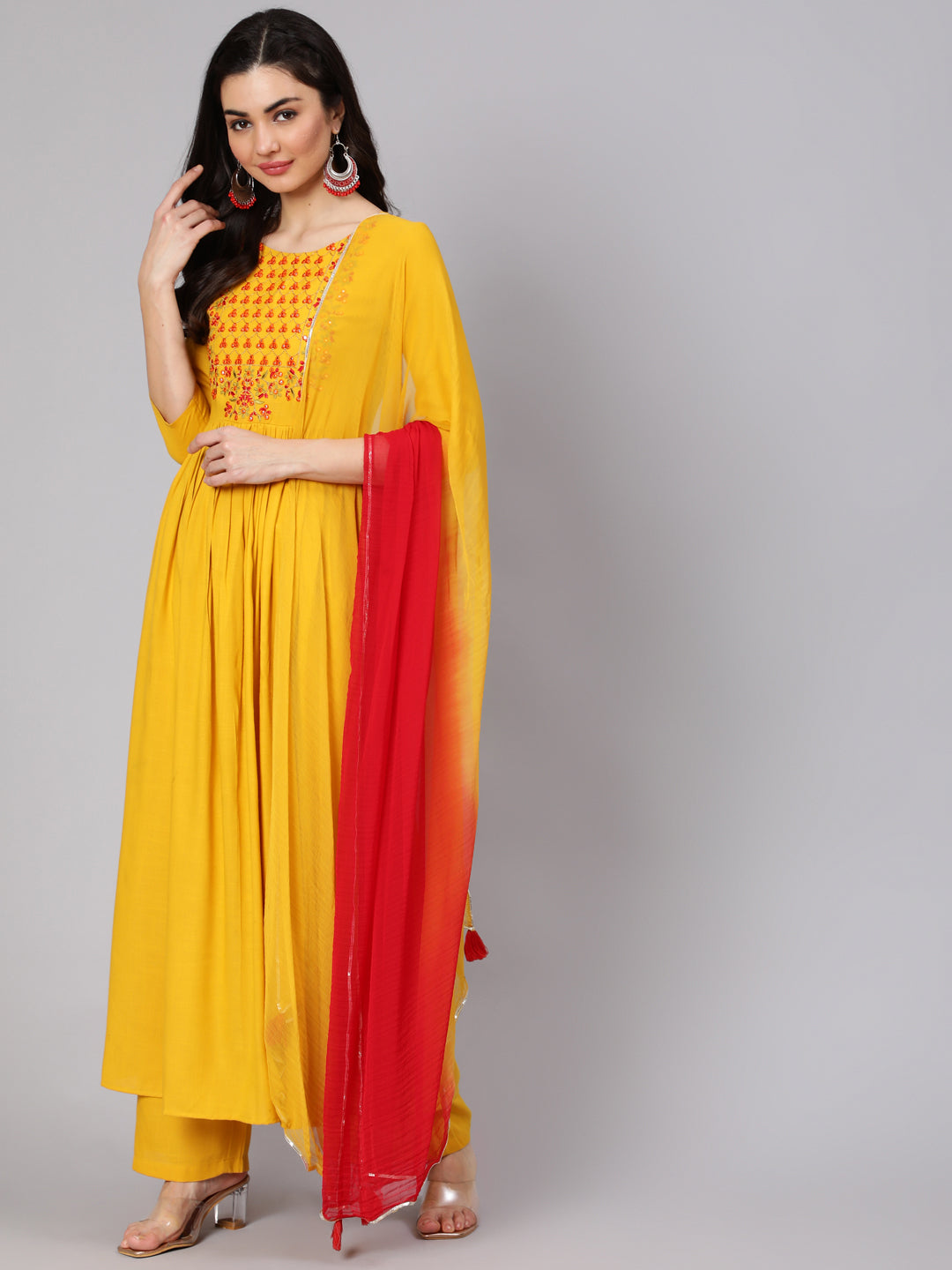 Rayon Slub Calf Length Embroidered Flared 3/4 Sleeve Round Neck Kurta Set