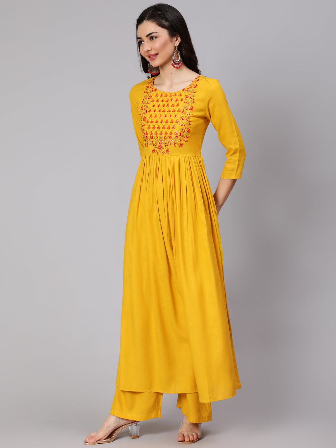 Rayon Slub Calf Length Embroidered Flared 3/4 Sleeve Round Neck Kurta Set