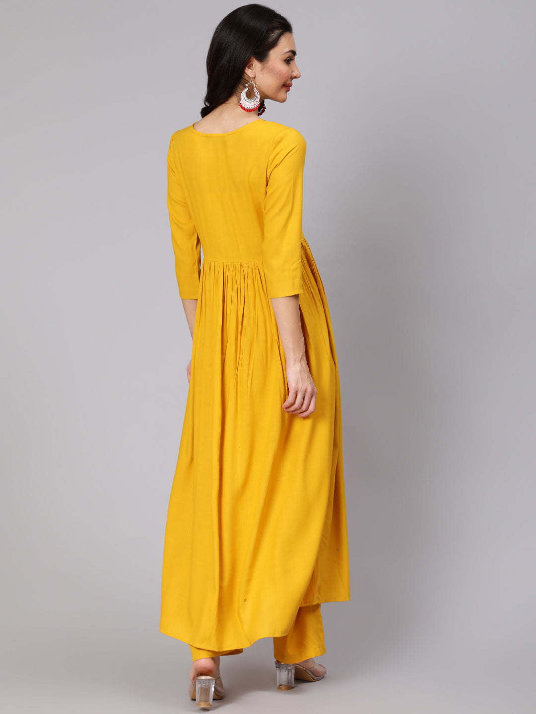 Rayon Slub Calf Length Embroidered Flared 3/4 Sleeve Round Neck Kurta Set