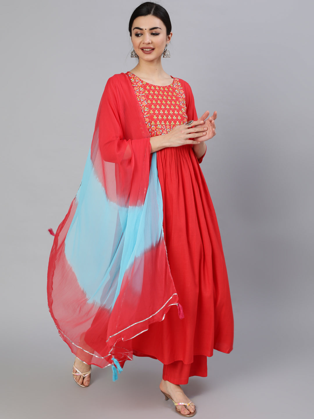 Rayon Slub Calf Length Embroidered Flared 3/4 Sleeve Round Neck Kurta Set