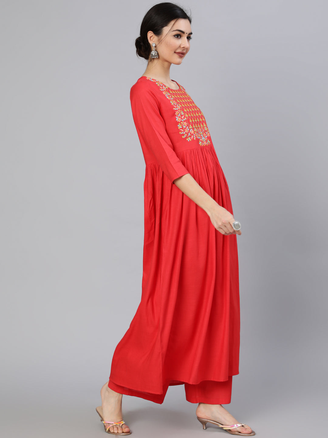 Rayon Slub Calf Length Embroidered Flared 3/4 Sleeve Round Neck Kurta Set