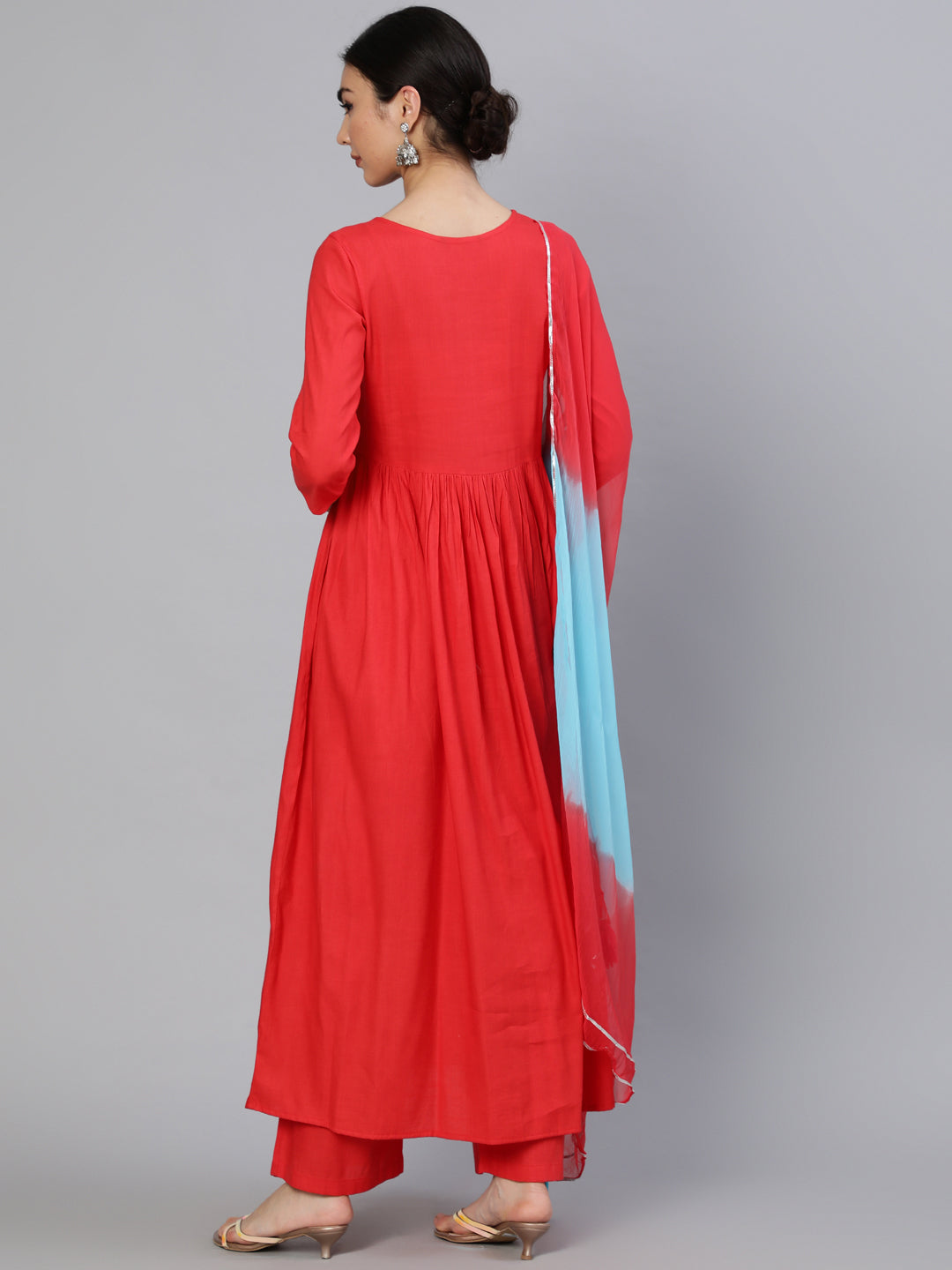 Rayon Slub Calf Length Embroidered Flared 3/4 Sleeve Round Neck Kurta Set